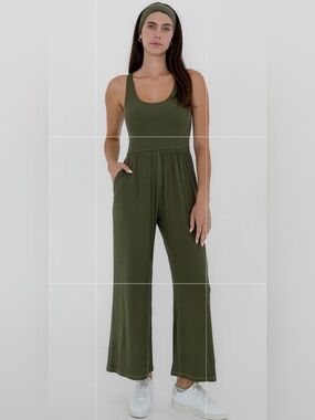 Imbodhi Moss Green Hana 2.0 Ribbed Micromodal Soft Comfy Wide Leg Jumpsuit XL
